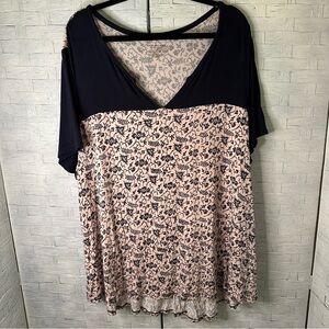 LANE BRYANT floral, loose fitting T-shirt, pink & navy coastal summer plus size